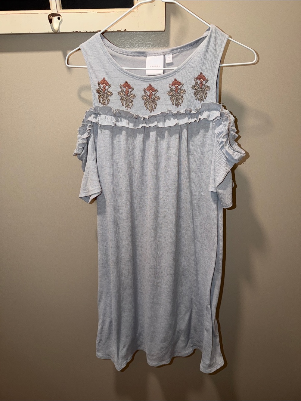 Lauren Conrad Light Blue Cold Shoulder Ruffle Dress Embroidered Size Medium